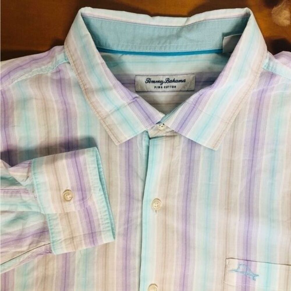 Tommy Bahama‎ Men's XXL 100% Pima Cotton Pastel Striped Long Sleeve Button Down